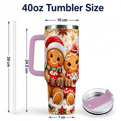 #pl[40oz|Pink] Gingerbread Couple 40oz Tumbler with Handle, Holiday Cookie Travel Cup