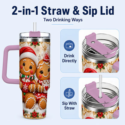 #pl[40oz|Pink] Gingerbread Couple 40oz Tumbler with Handle, Holiday Cookie Travel Cup