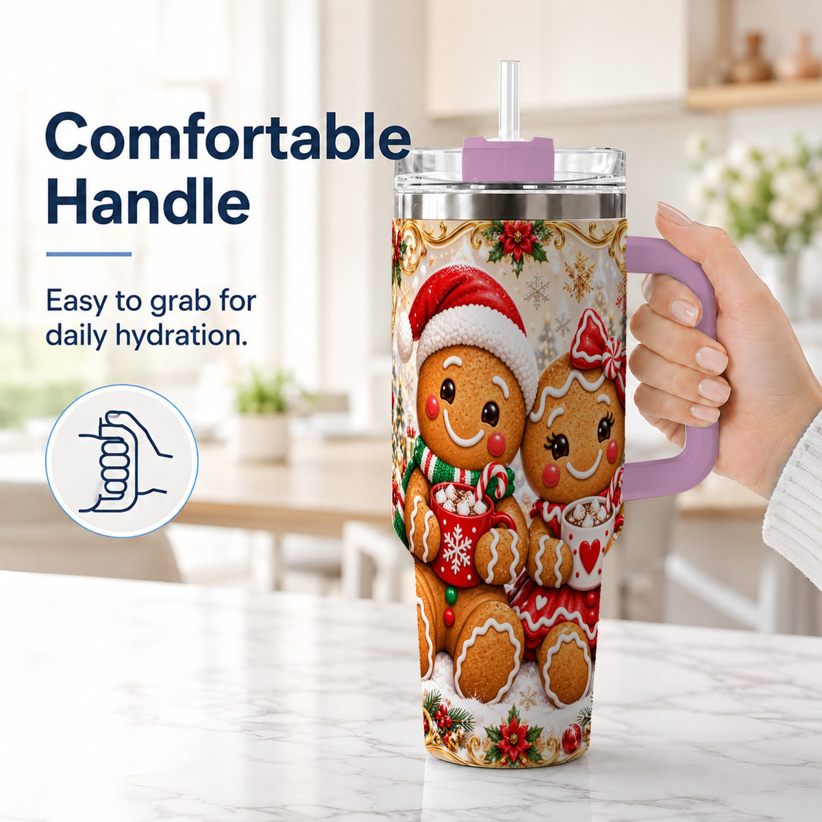 #pl[40oz|Pink] Gingerbread Couple 40oz Tumbler with Handle, Holiday Cookie Travel Cup