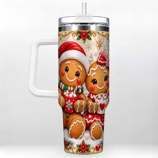 Gingerbread Couple 40oz Tumbler with Handle, Holiday Cookie Travel Cup