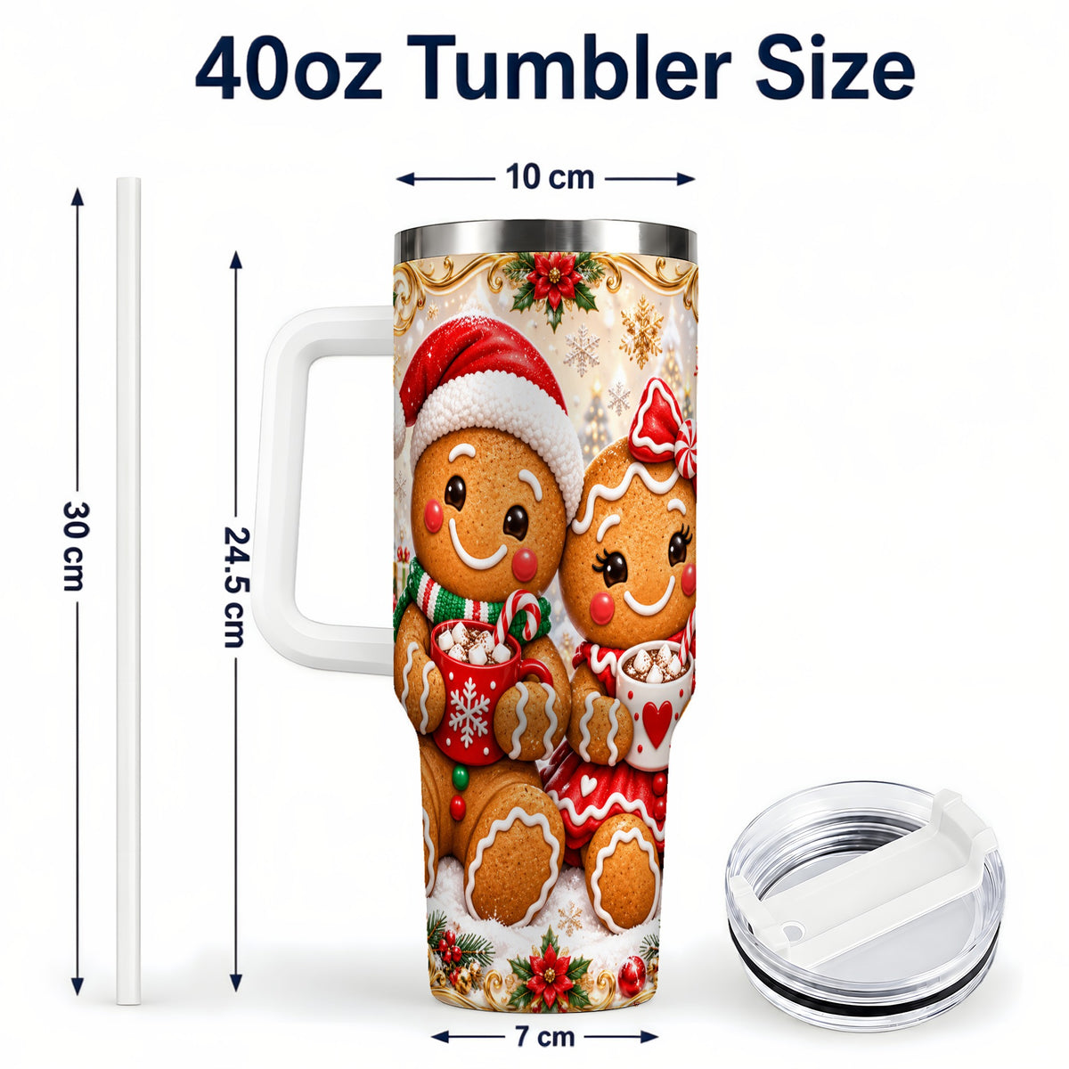 #pl[40oz|White] Gingerbread Couple 40oz Tumbler with Handle, Holiday Cookie Travel Cup