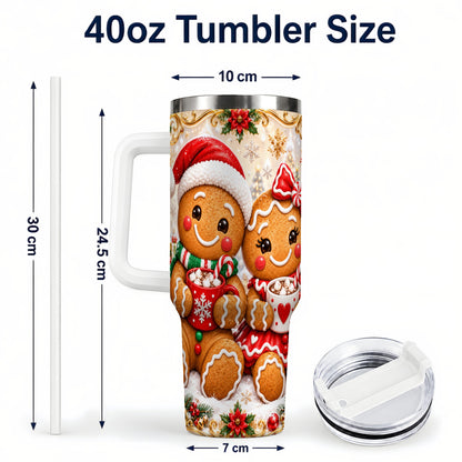 #pl[40oz|White] Gingerbread Couple 40oz Tumbler with Handle, Holiday Cookie Travel Cup