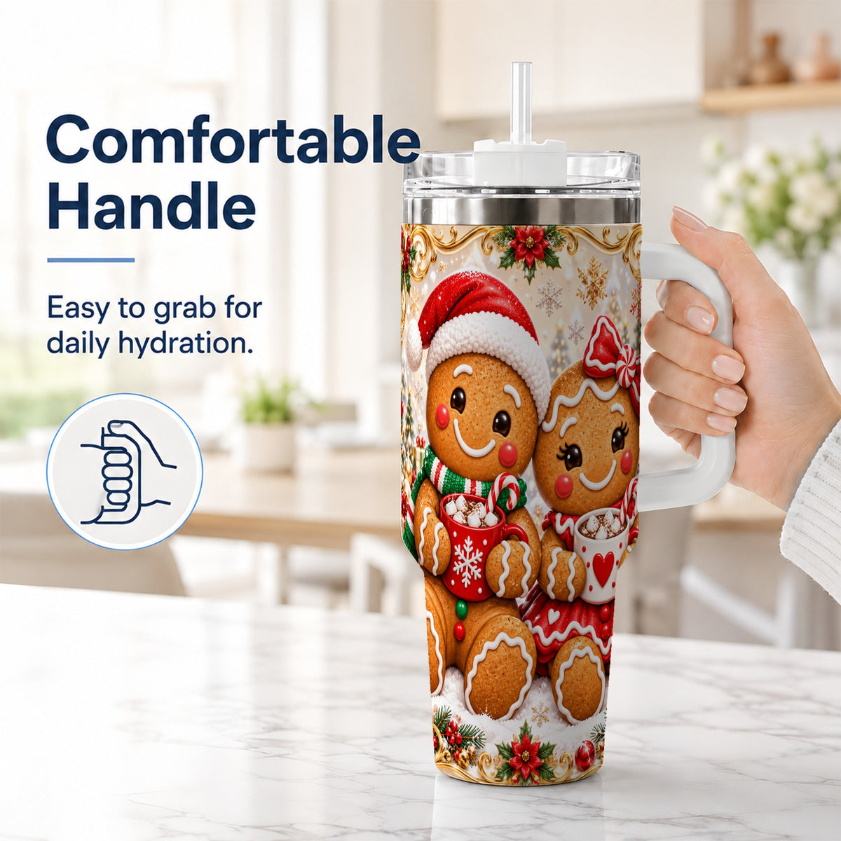 #pl[40oz|White] Gingerbread Couple 40oz Tumbler with Handle, Holiday Cookie Travel Cup
