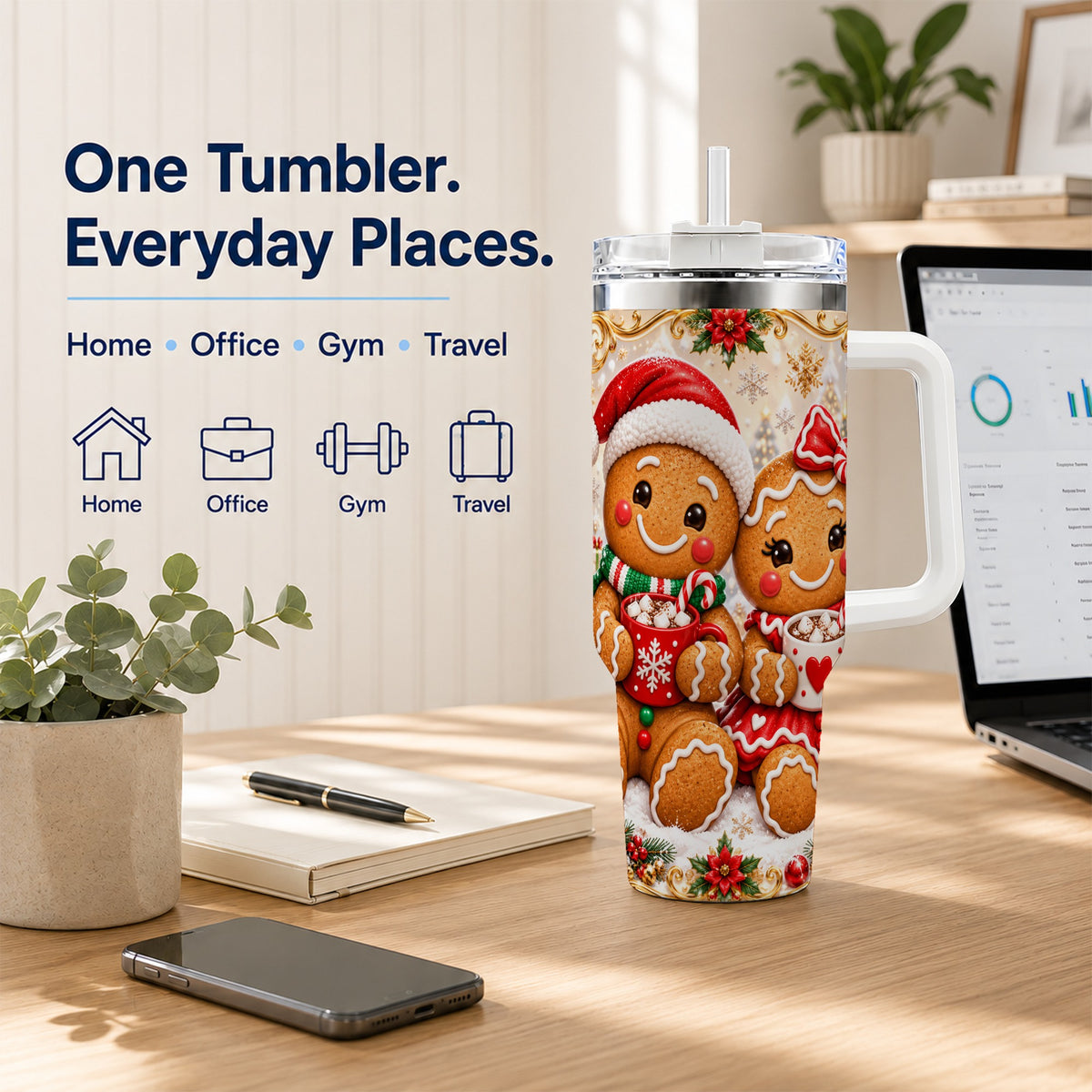 Gingerbread Couple 40oz Tumbler with Handle, Holiday Cookie Travel Cup