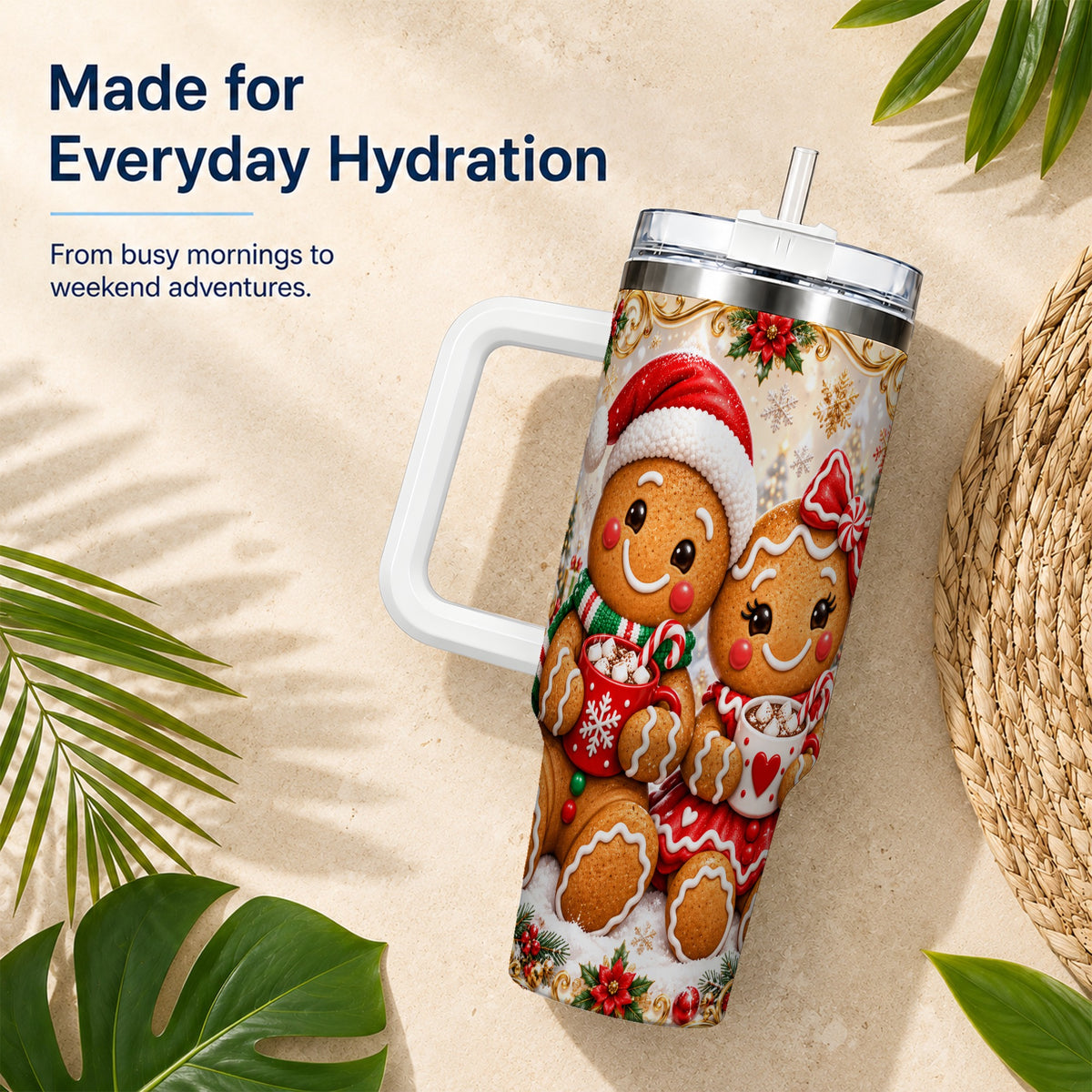 Gingerbread Couple 40oz Tumbler with Handle, Holiday Cookie Travel Cup