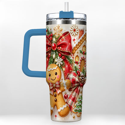#pl[40oz|Blue] Gingerbread House 40oz Tumbler, Holiday Cookie Stainless Steel Travel Cup