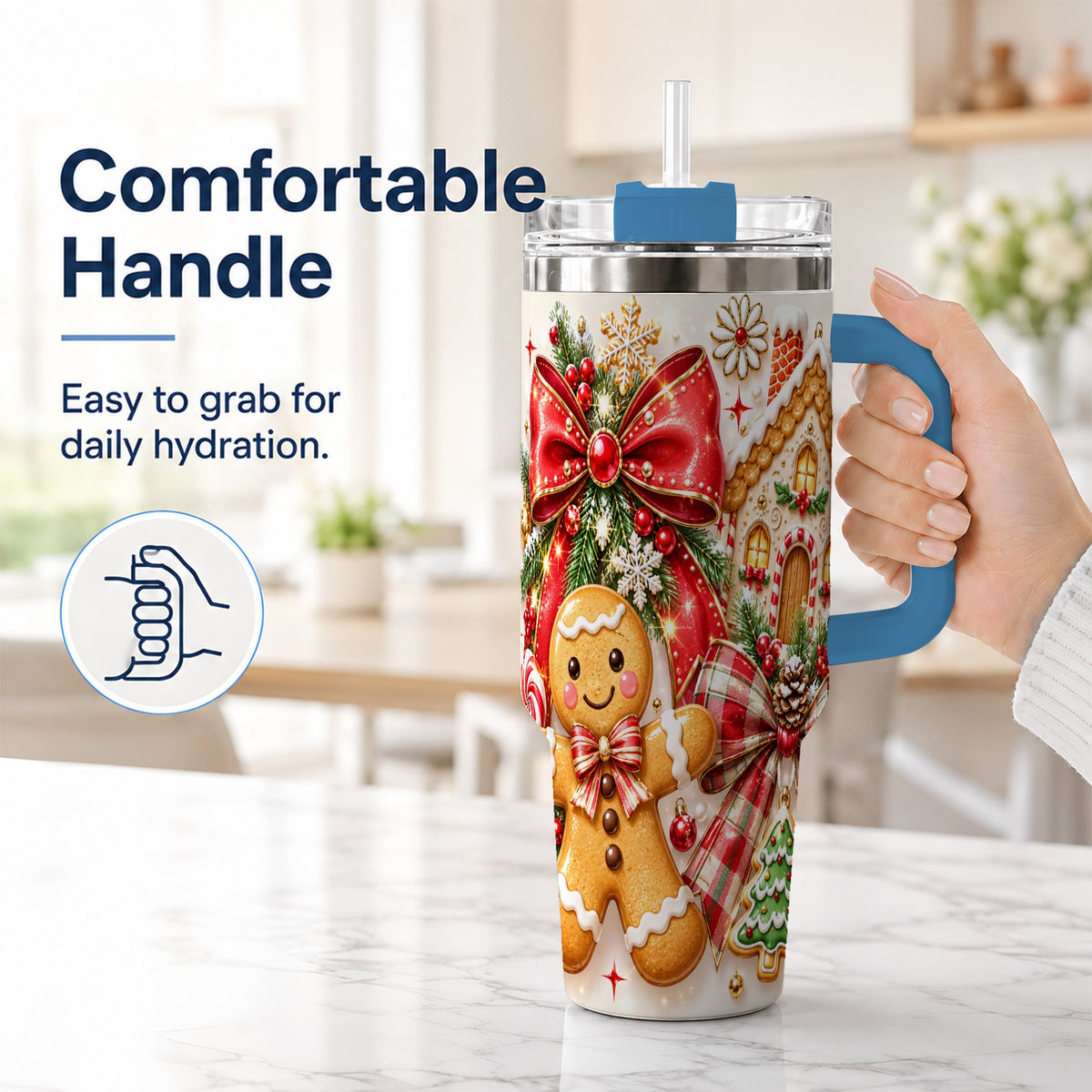 #pl[40oz|Blue] Gingerbread House 40oz Tumbler, Holiday Cookie Stainless Steel Travel Cup