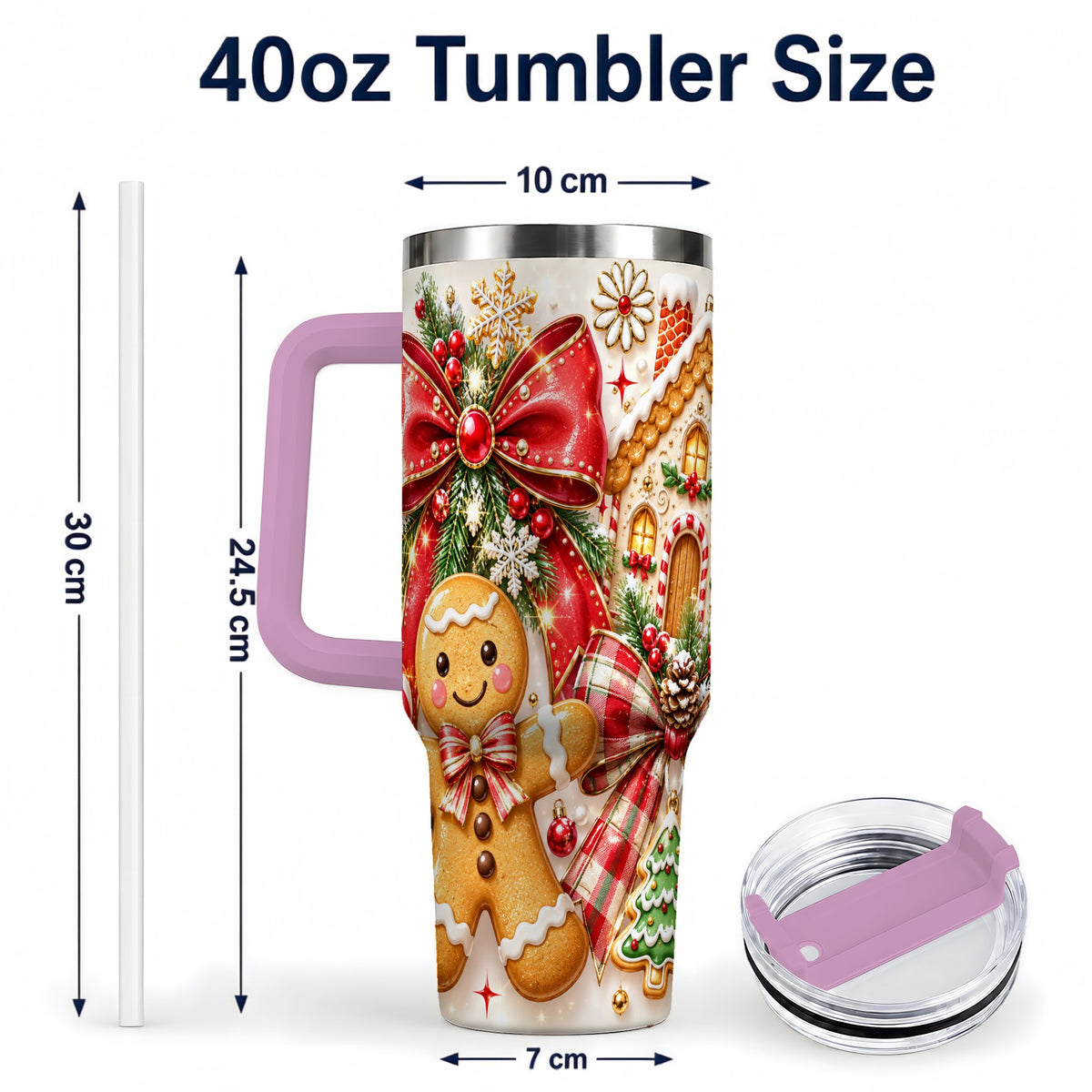 #pl[40oz|Pink] Gingerbread House 40oz Tumbler, Holiday Cookie Stainless Steel Travel Cup