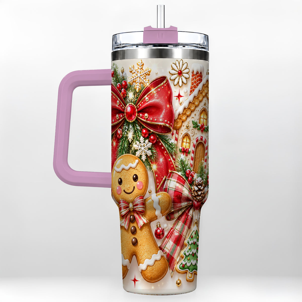 #pl[40oz|Pink] Gingerbread House 40oz Tumbler, Holiday Cookie Stainless Steel Travel Cup