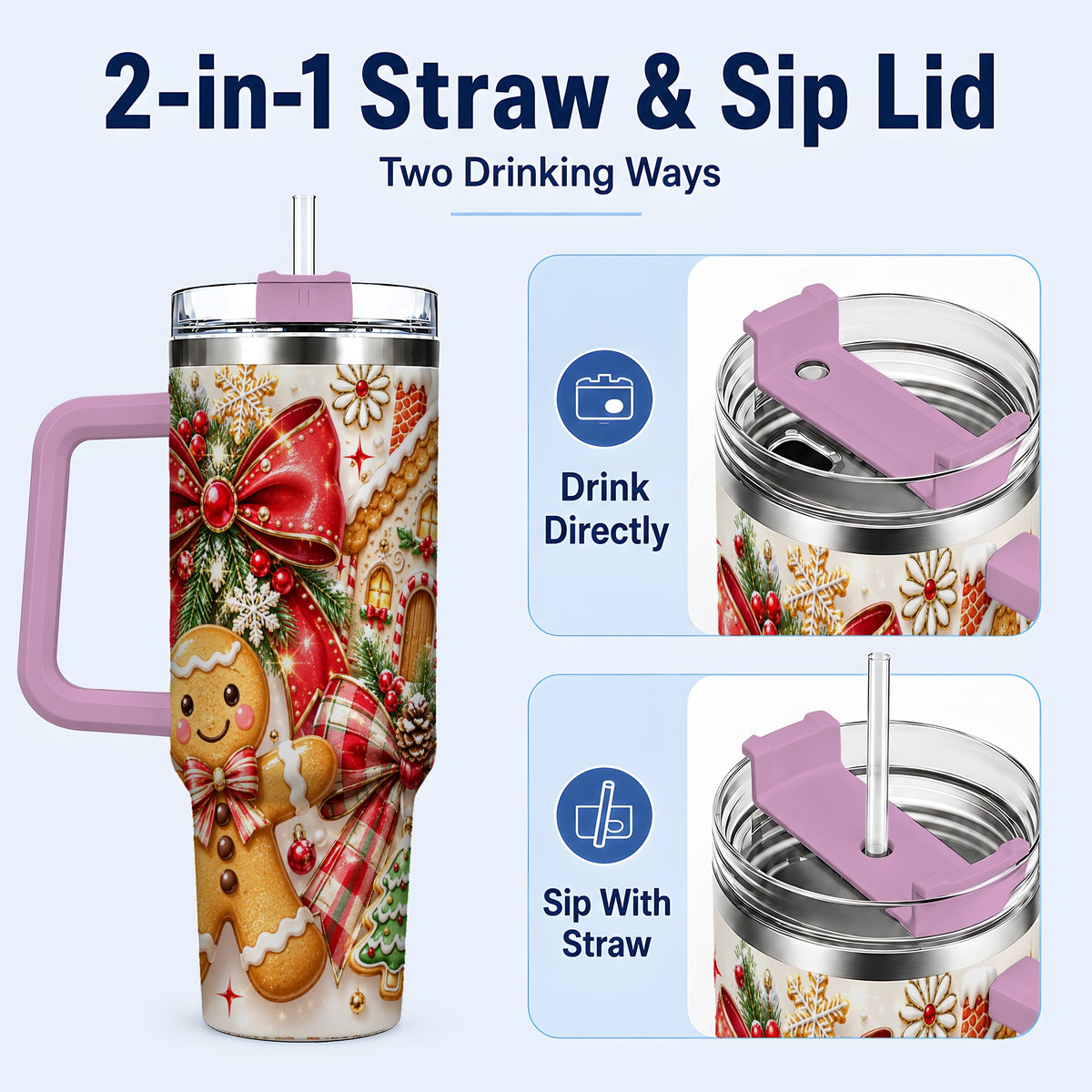 #pl[40oz|Pink] Gingerbread House 40oz Tumbler, Holiday Cookie Stainless Steel Travel Cup