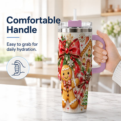 #pl[40oz|Pink] Gingerbread House 40oz Tumbler, Holiday Cookie Stainless Steel Travel Cup