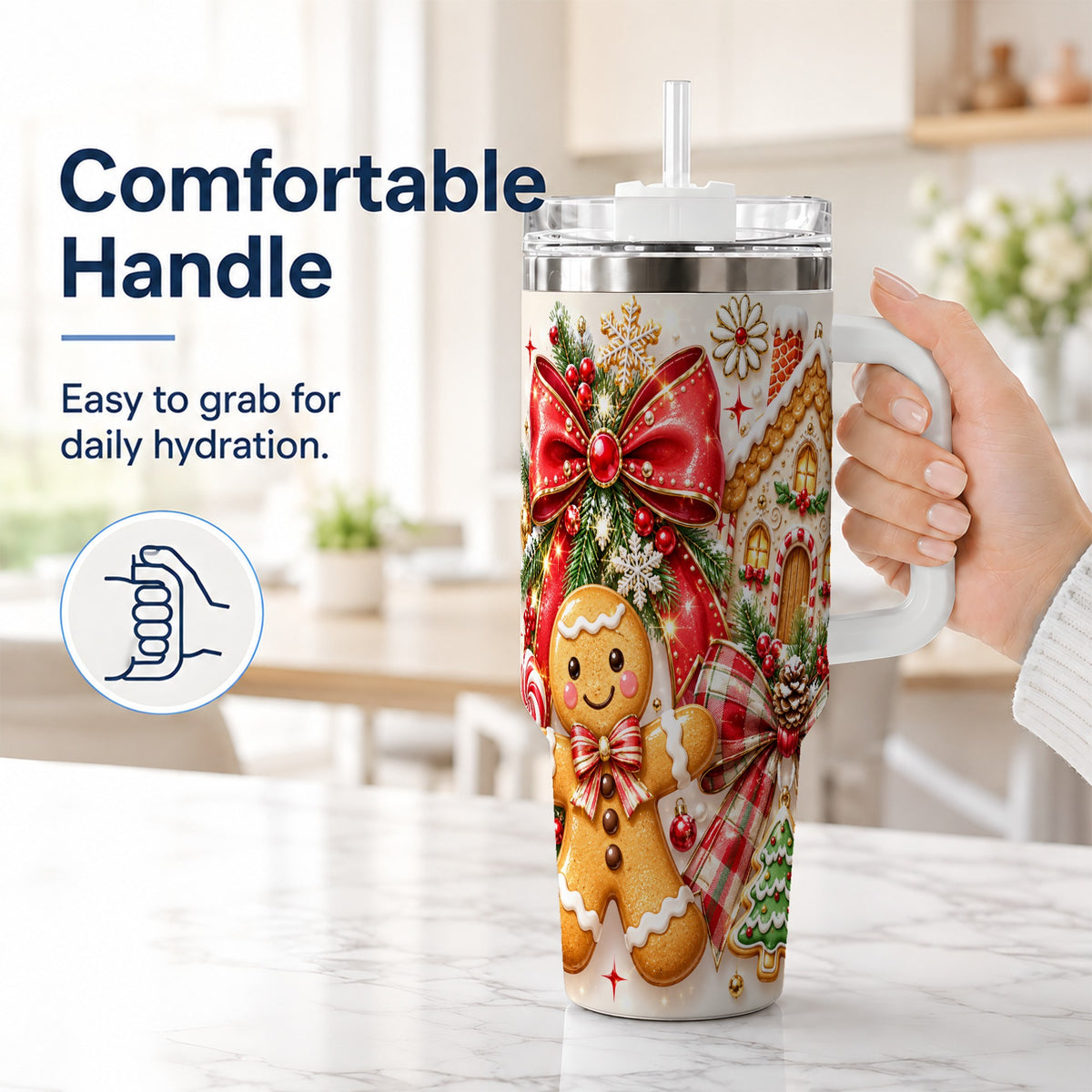 #pl[40oz|White] Gingerbread House 40oz Tumbler, Holiday Cookie Stainless Steel Travel Cup