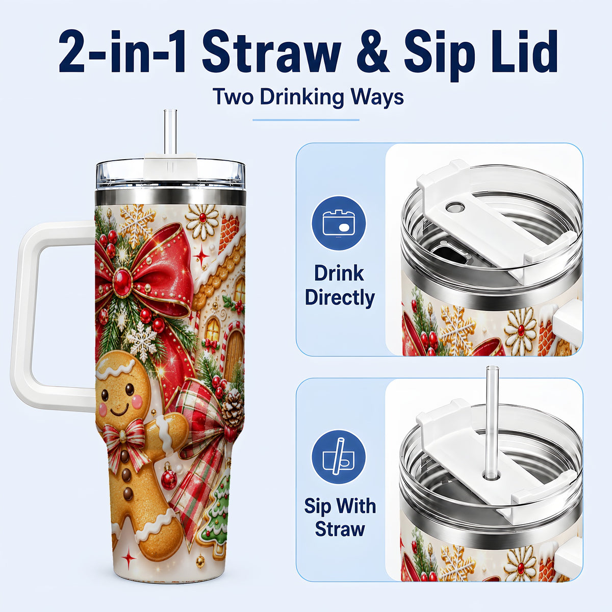 #pl[40oz|White] Gingerbread House 40oz Tumbler, Holiday Cookie Stainless Steel Travel Cup