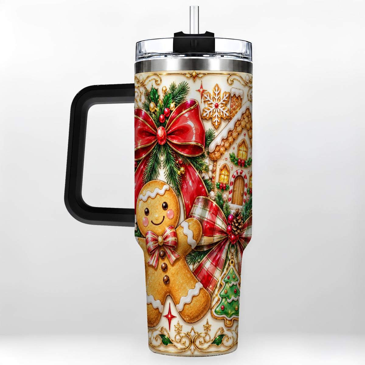 #pl[40oz|Black] Gingerbread Bow 40oz Tumbler with Handle, Holiday Cookie Travel Cup