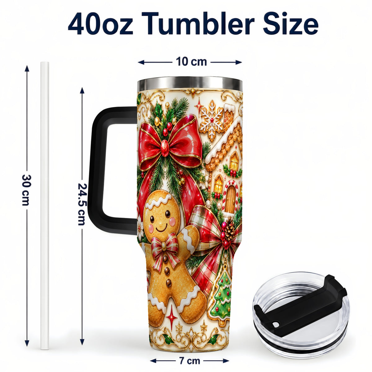 #pl[40oz|Black] Gingerbread Bow 40oz Tumbler with Handle, Holiday Cookie Travel Cup