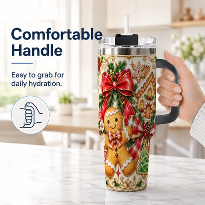 #pl[40oz|Black] Gingerbread Bow 40oz Tumbler with Handle, Holiday Cookie Travel Cup