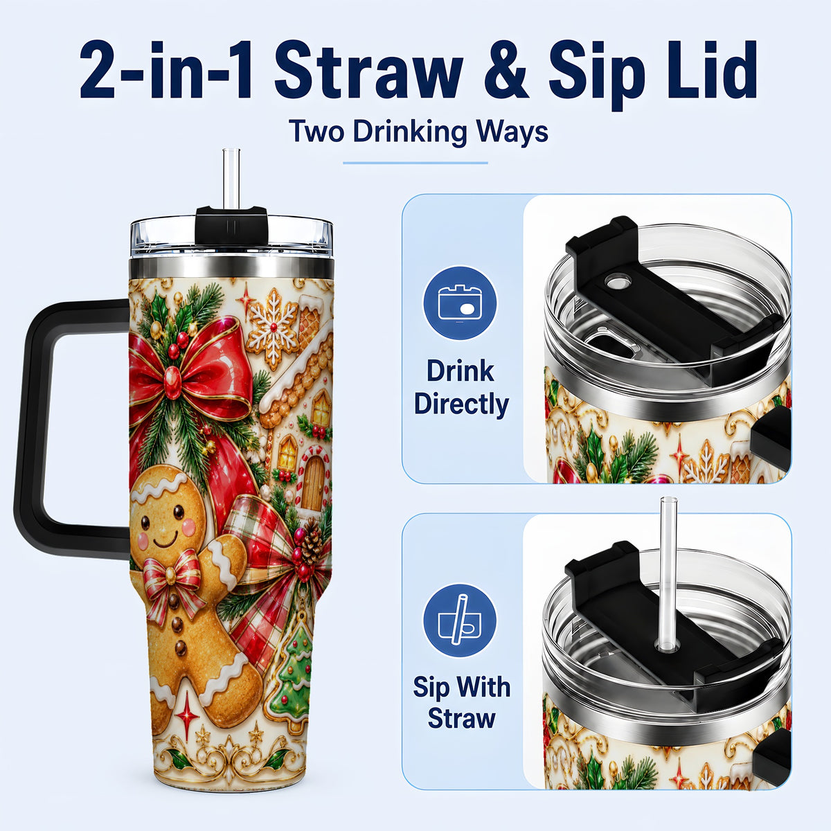 #pl[40oz|Black] Gingerbread Bow 40oz Tumbler with Handle, Holiday Cookie Travel Cup