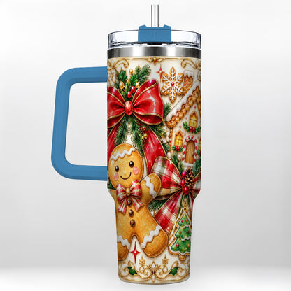 #pl[40oz|Blue] Gingerbread Bow 40oz Tumbler with Handle, Holiday Cookie Travel Cup