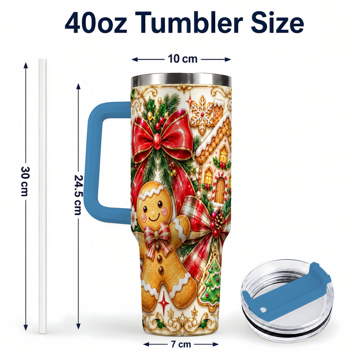 #pl[40oz|Blue] Gingerbread Bow 40oz Tumbler with Handle, Holiday Cookie Travel Cup