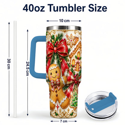 #pl[40oz|Blue] Gingerbread Bow 40oz Tumbler with Handle, Holiday Cookie Travel Cup