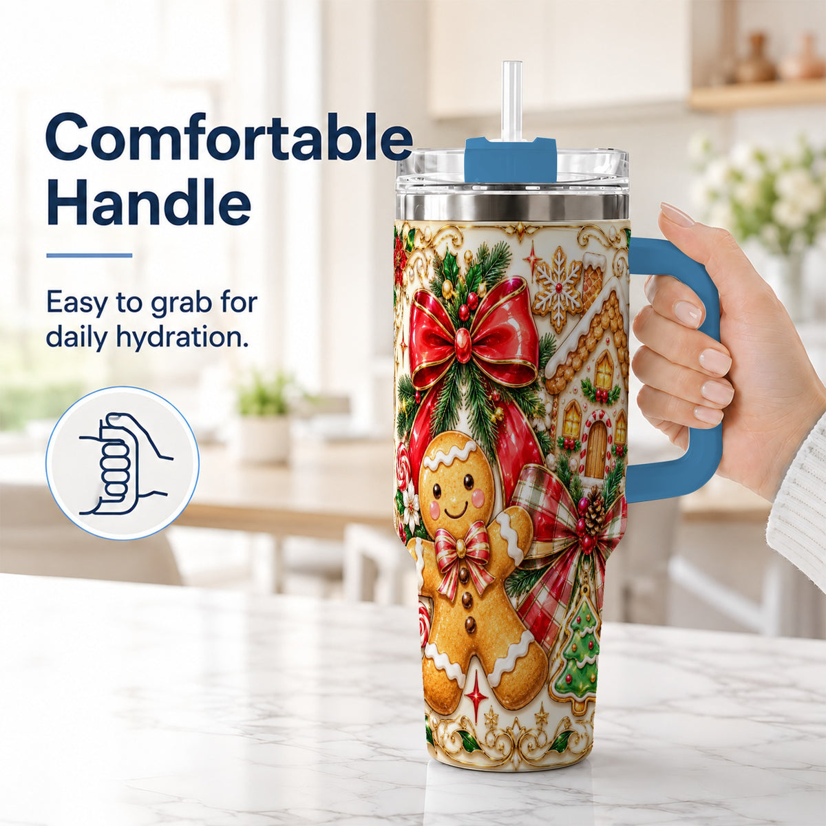#pl[40oz|Blue] Gingerbread Bow 40oz Tumbler with Handle, Holiday Cookie Travel Cup