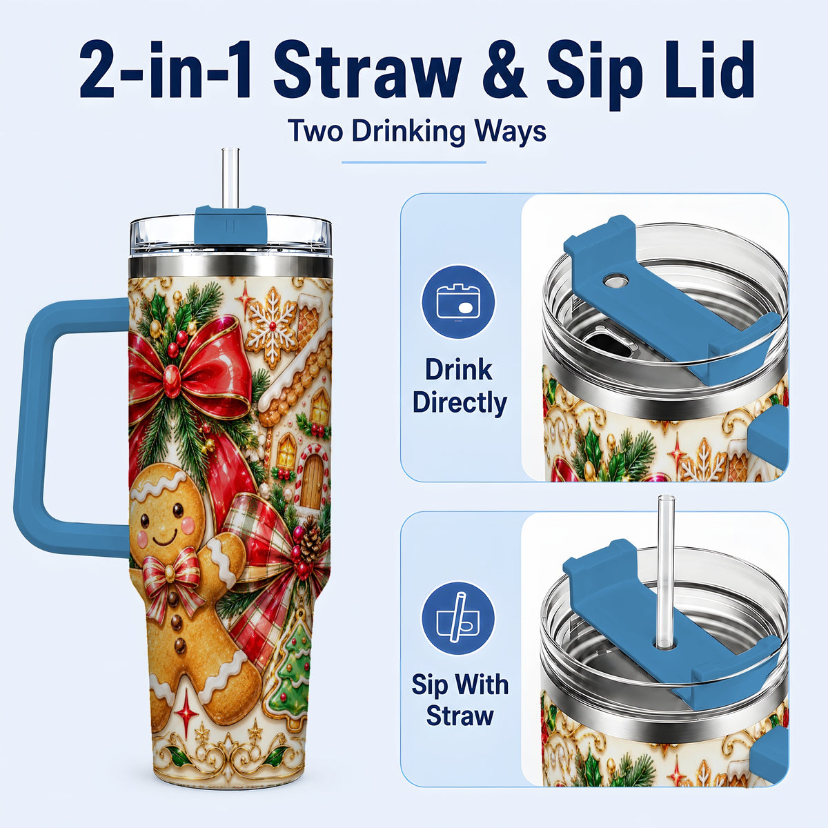 #pl[40oz|Blue] Gingerbread Bow 40oz Tumbler with Handle, Holiday Cookie Travel Cup