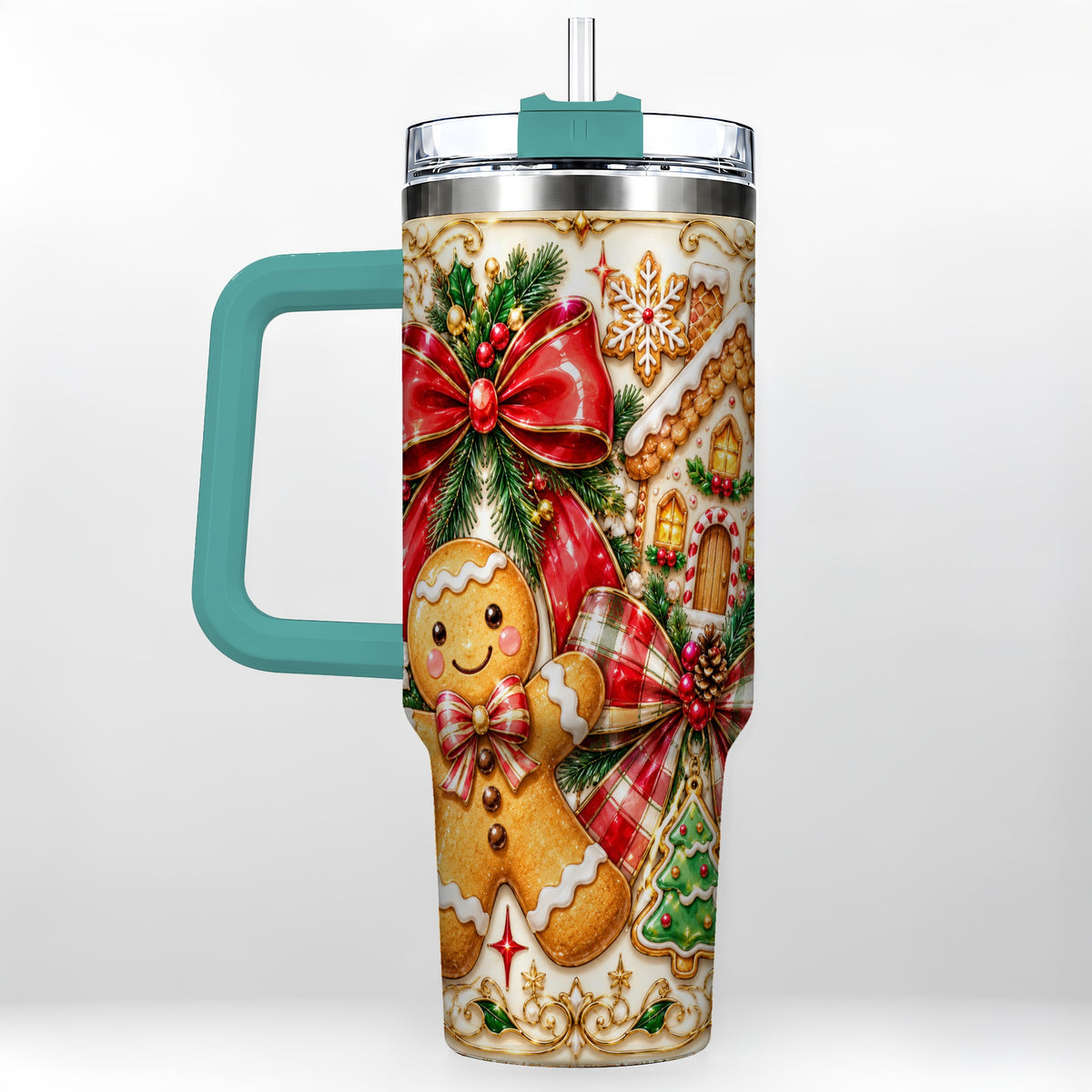 #pl[40oz|Green] Gingerbread Bow 40oz Tumbler with Handle, Holiday Cookie Travel Cup