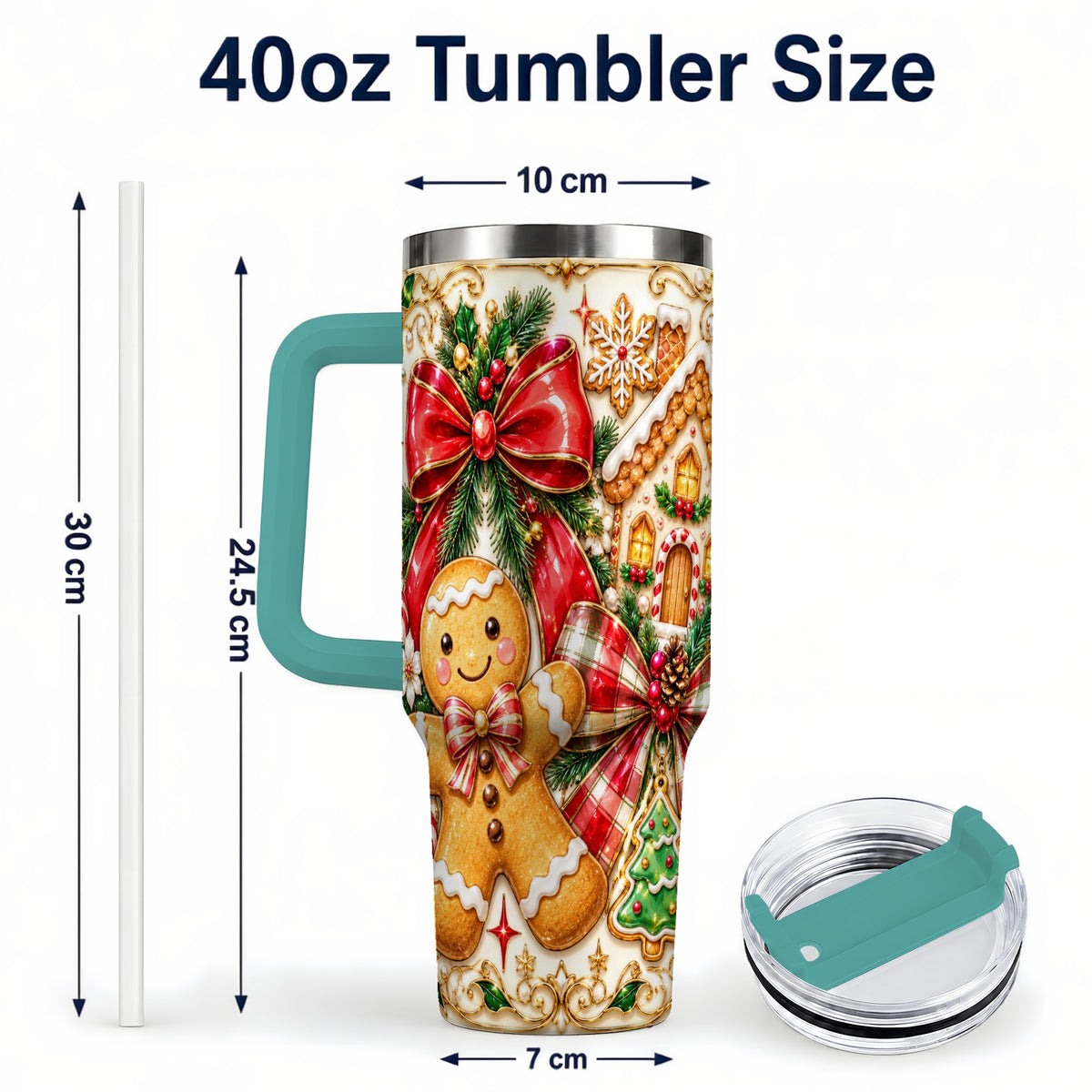 #pl[40oz|Green] Gingerbread Bow 40oz Tumbler with Handle, Holiday Cookie Travel Cup