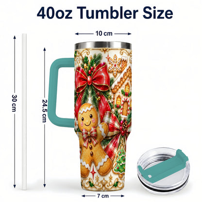 #pl[40oz|Green] Gingerbread Bow 40oz Tumbler with Handle, Holiday Cookie Travel Cup
