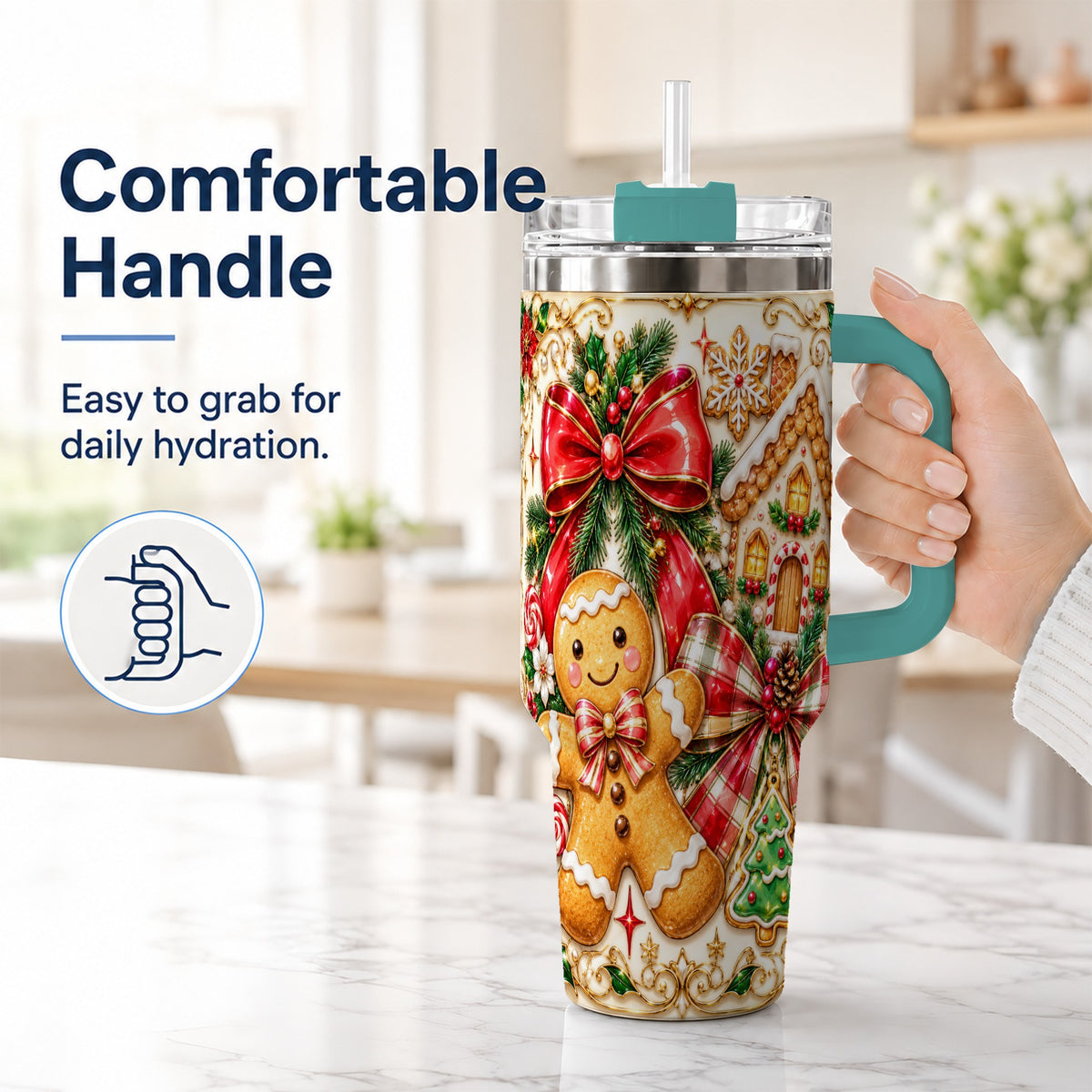 #pl[40oz|Green] Gingerbread Bow 40oz Tumbler with Handle, Holiday Cookie Travel Cup