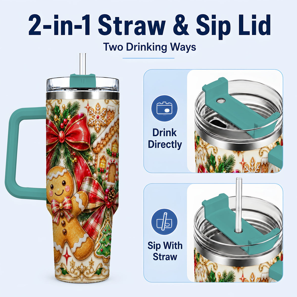 #pl[40oz|Green] Gingerbread Bow 40oz Tumbler with Handle, Holiday Cookie Travel Cup
