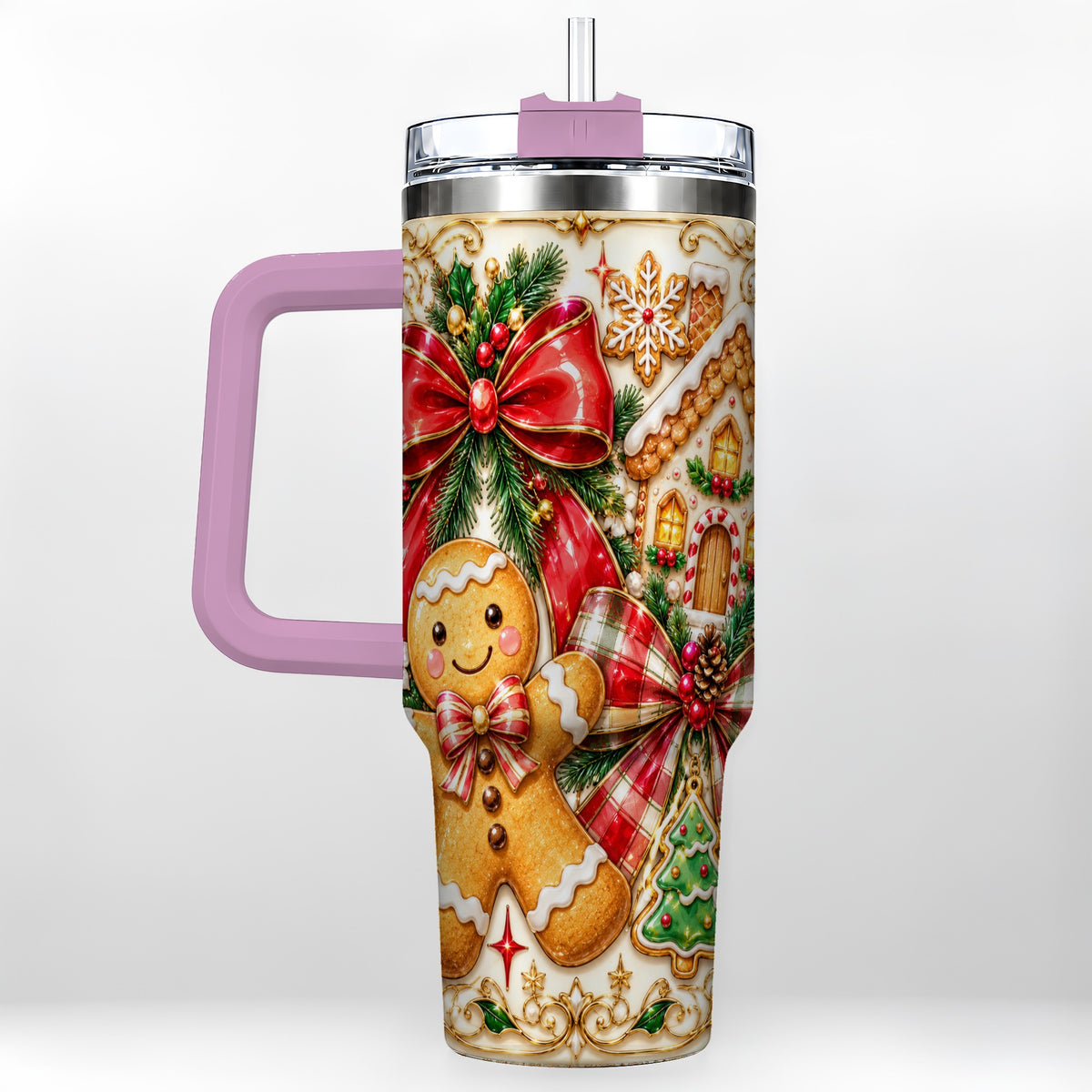 #pl[40oz|Pink] Gingerbread Bow 40oz Tumbler with Handle, Holiday Cookie Travel Cup