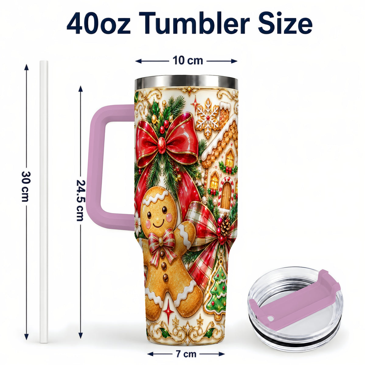 #pl[40oz|Pink] Gingerbread Bow 40oz Tumbler with Handle, Holiday Cookie Travel Cup