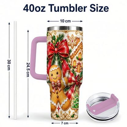 #pl[40oz|Pink] Gingerbread Bow 40oz Tumbler with Handle, Holiday Cookie Travel Cup