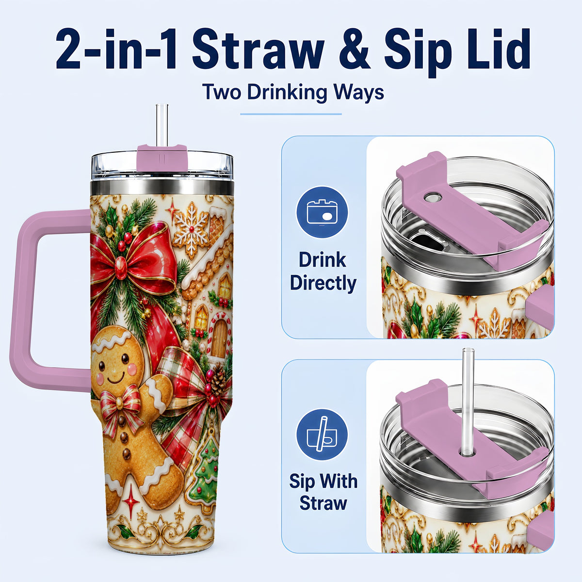 #pl[40oz|Pink] Gingerbread Bow 40oz Tumbler with Handle, Holiday Cookie Travel Cup