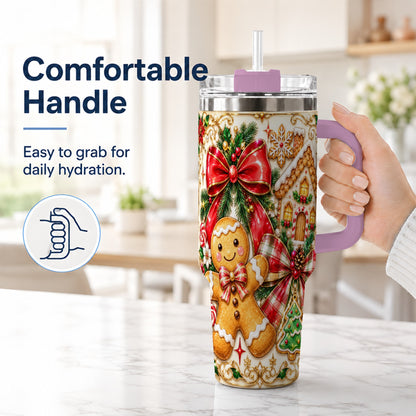 #pl[40oz|Pink] Gingerbread Bow 40oz Tumbler with Handle, Holiday Cookie Travel Cup