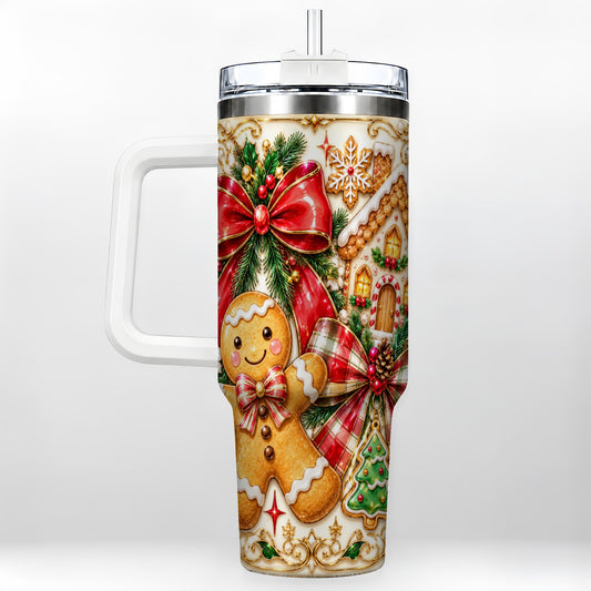 Gingerbread Bow 40oz Tumbler with Handle, Holiday Cookie Travel Cup