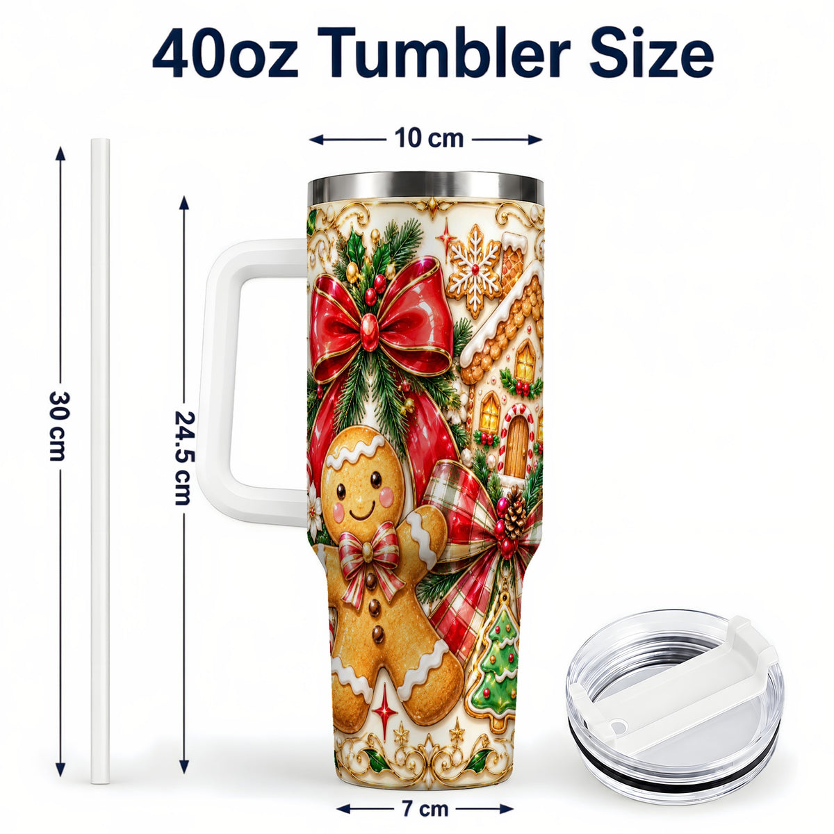 #pl[40oz|White] Gingerbread Bow 40oz Tumbler with Handle, Holiday Cookie Travel Cup