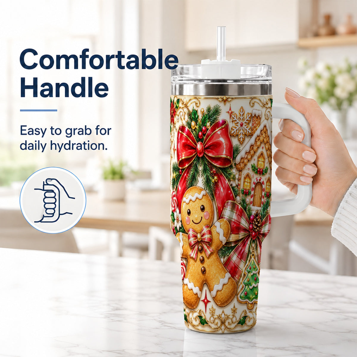 #pl[40oz|White] Gingerbread Bow 40oz Tumbler with Handle, Holiday Cookie Travel Cup