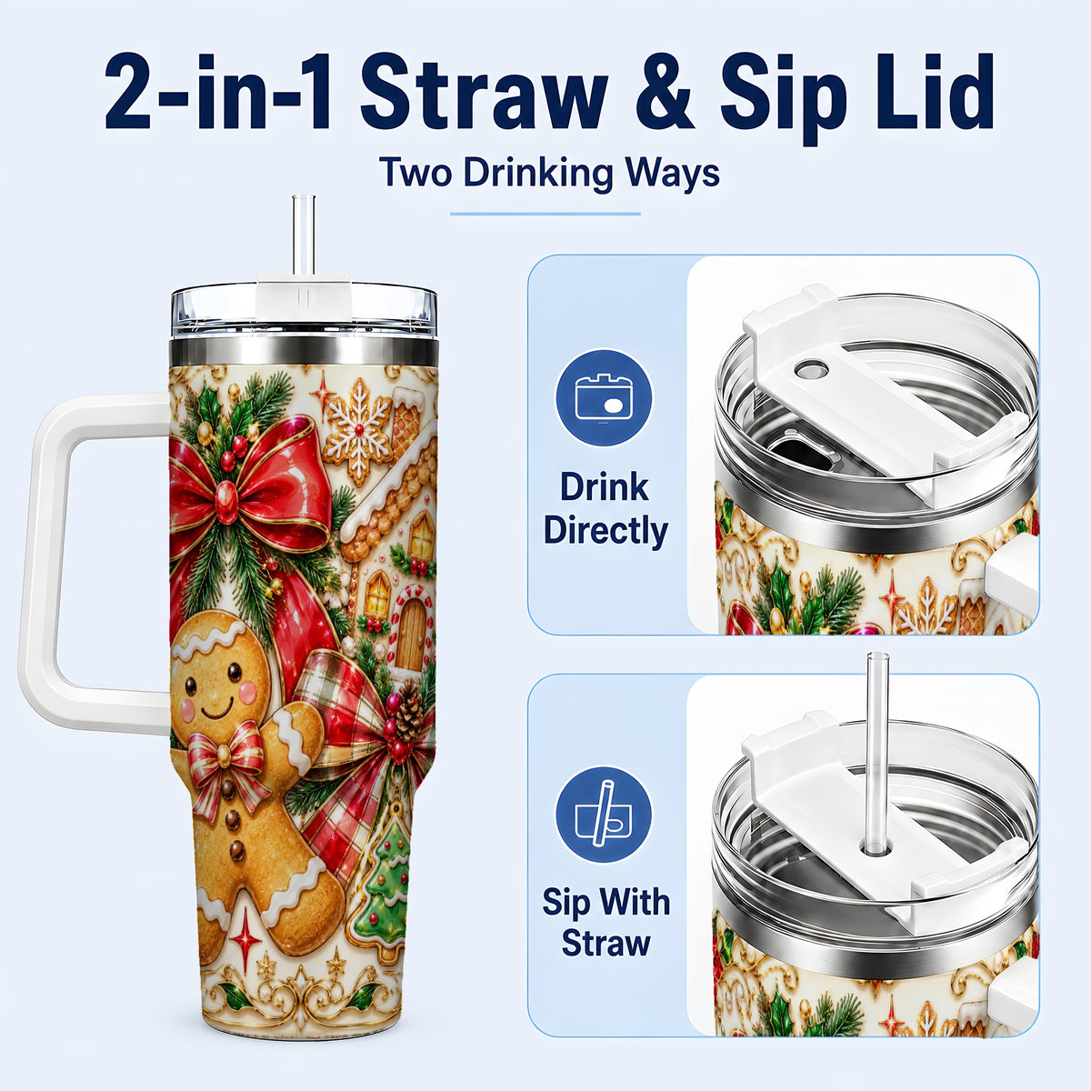 #pl[40oz|White] Gingerbread Bow 40oz Tumbler with Handle, Holiday Cookie Travel Cup