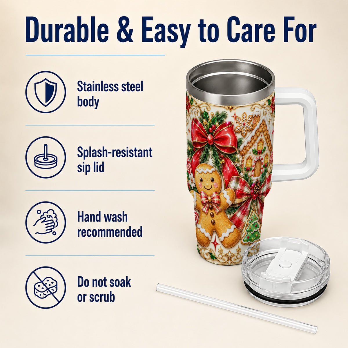 Gingerbread Bow 40oz Tumbler with Handle, Holiday Cookie Travel Cup