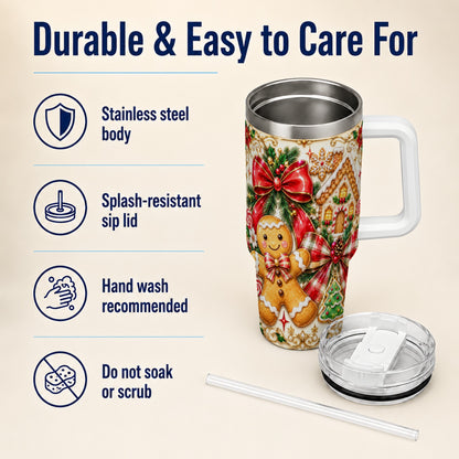 Gingerbread Bow 40oz Tumbler with Handle, Holiday Cookie Travel Cup