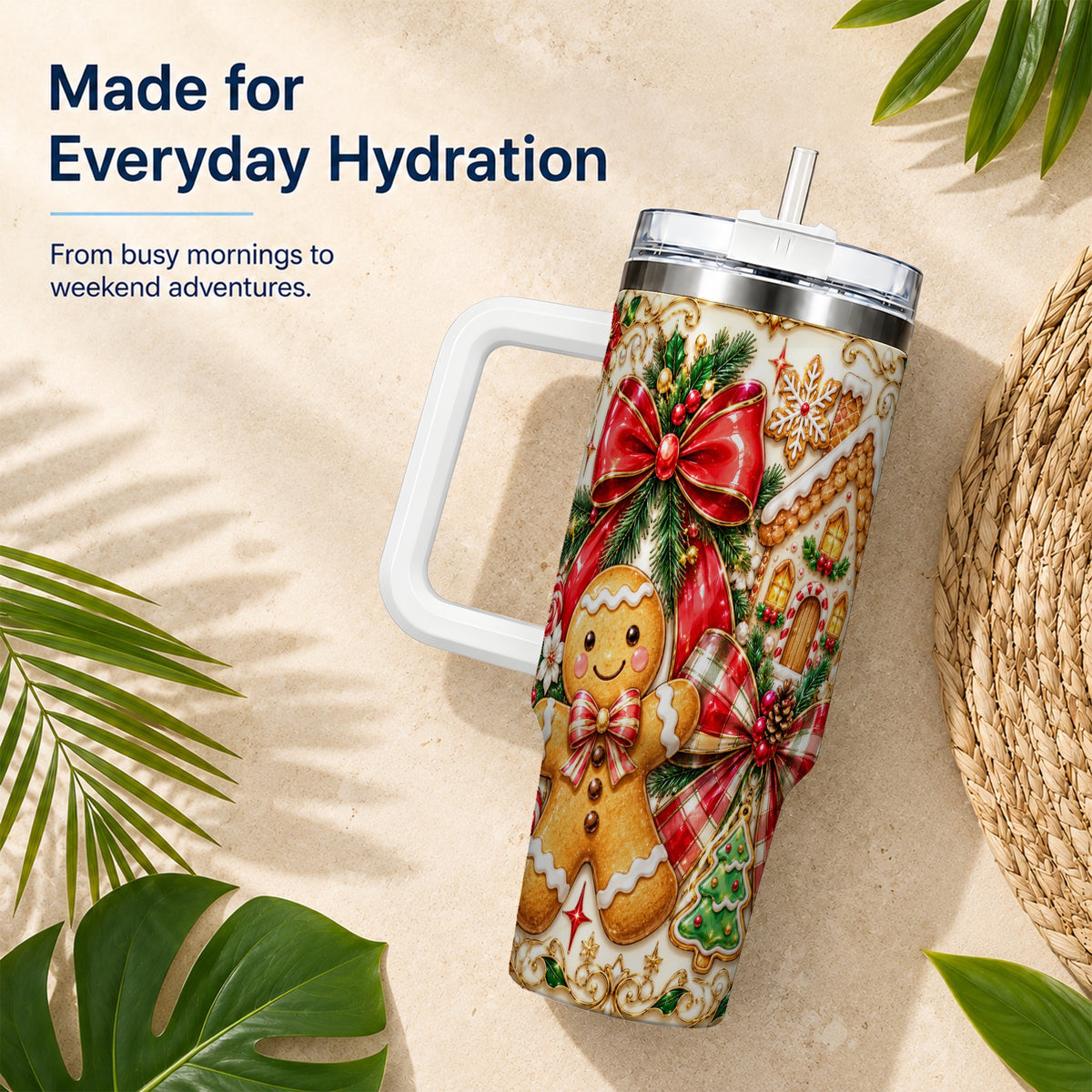 Gingerbread Bow 40oz Tumbler with Handle, Holiday Cookie Travel Cup