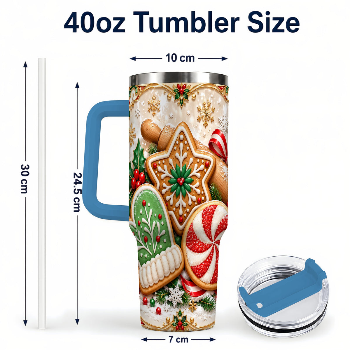 #pl[40oz|Blue] Christmas Cookie 40oz Tumbler, Gingerbread Treat Stainless Steel Travel Cup