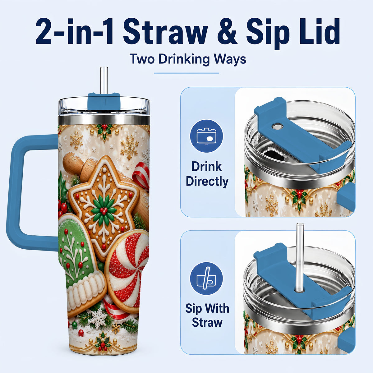 #pl[40oz|Blue] Christmas Cookie 40oz Tumbler, Gingerbread Treat Stainless Steel Travel Cup