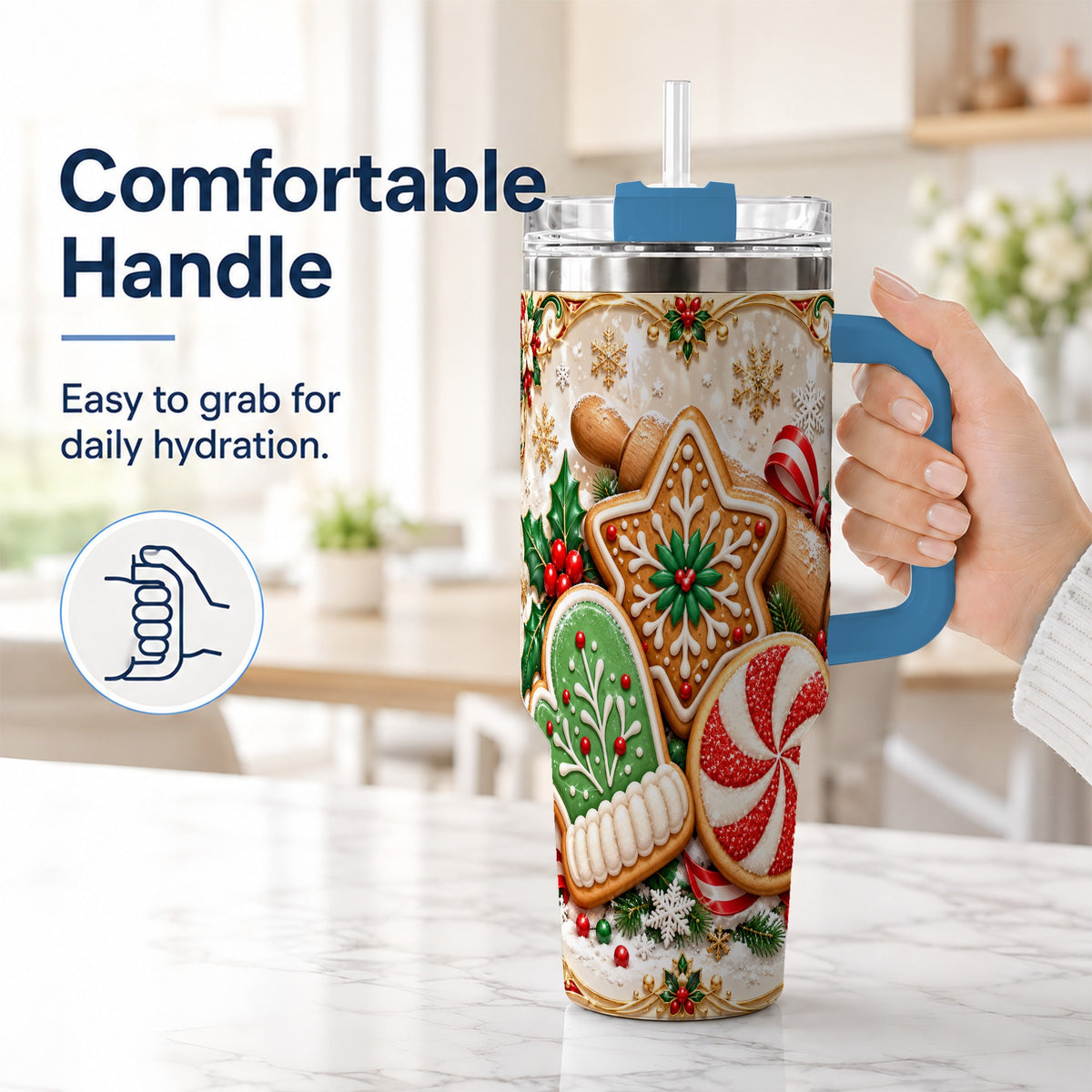 #pl[40oz|Blue] Christmas Cookie 40oz Tumbler, Gingerbread Treat Stainless Steel Travel Cup