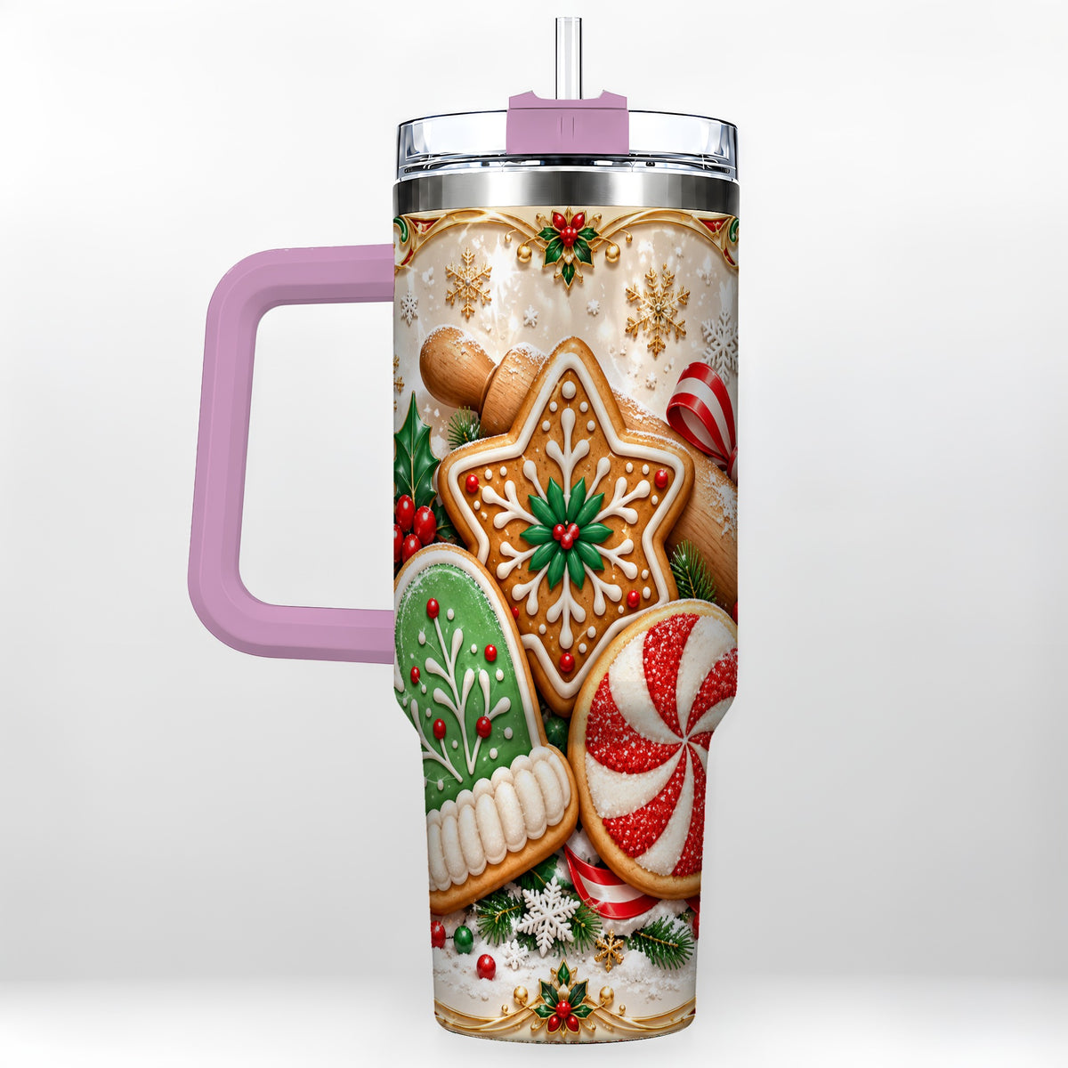 #pl[40oz|Pink] Christmas Cookie 40oz Tumbler, Gingerbread Treat Stainless Steel Travel Cup