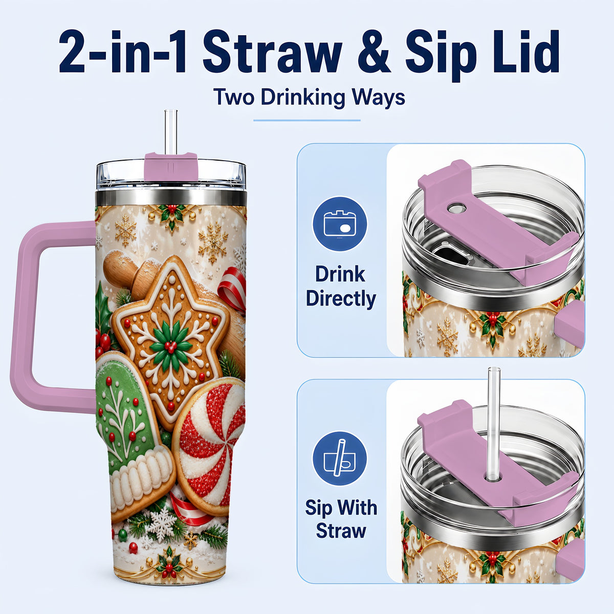 #pl[40oz|Pink] Christmas Cookie 40oz Tumbler, Gingerbread Treat Stainless Steel Travel Cup