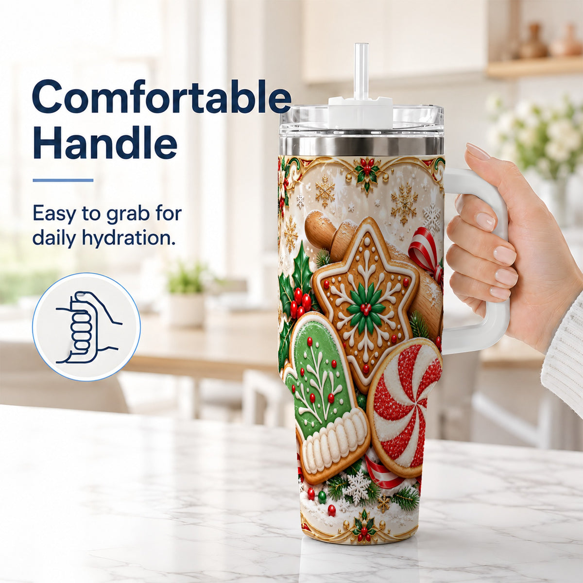 #pl[40oz|White] Christmas Cookie 40oz Tumbler, Gingerbread Treat Stainless Steel Travel Cup