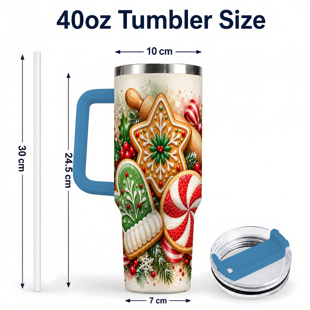 #pl[40oz|Blue] Cookie Tumbler 40oz, Gingerbread Tumbler, Stainless Steel Travel Cup